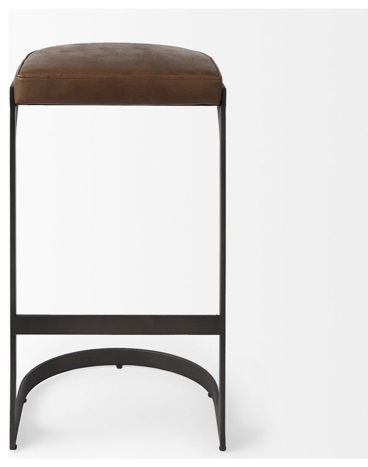 Brown Leather C Shape Metal Bar Stool