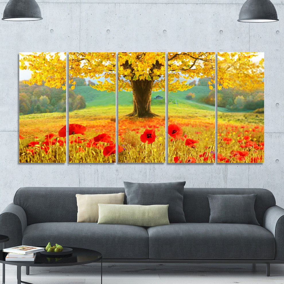 Beautiful Autumn Yellow Tree, Floral Canvas Art Print, 60"x28", 5 Panels