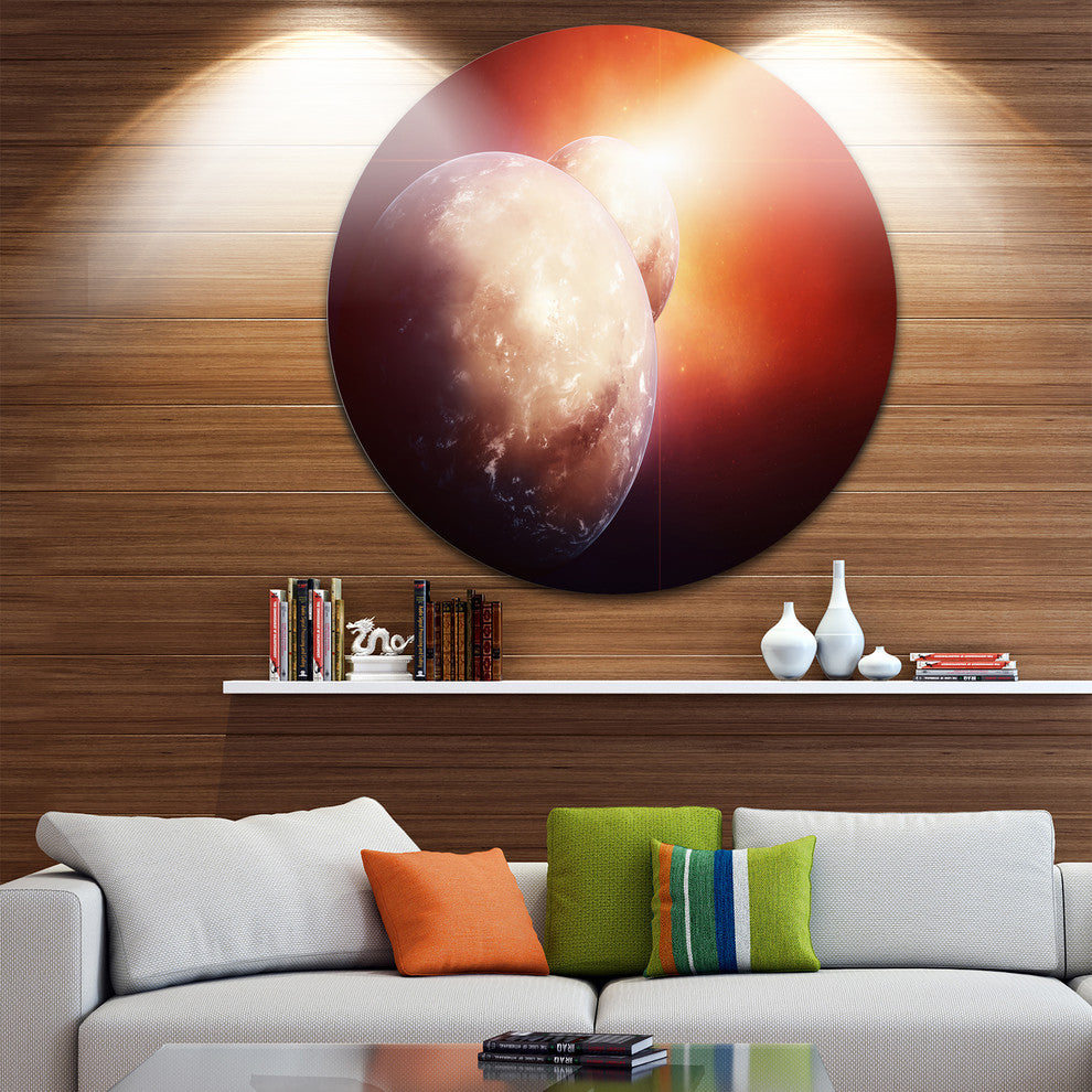Planets With Rising Star, Modern Spacescape Round Wall Art, 23"