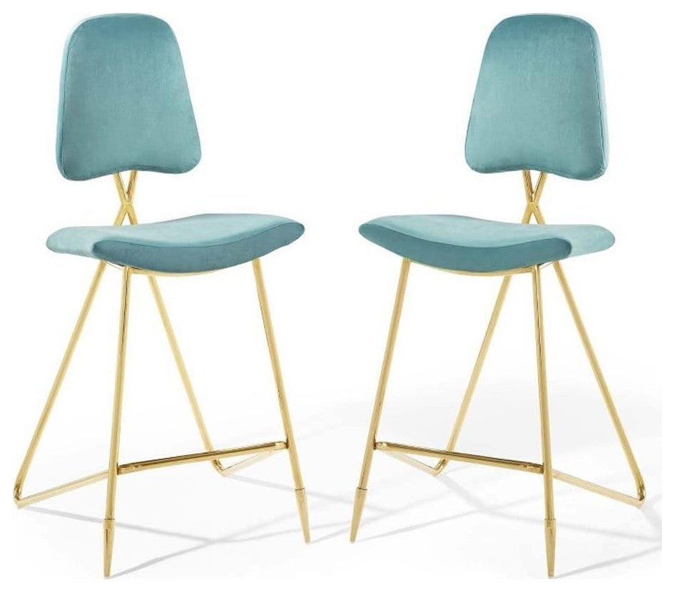 Ponder Bar Stool Performance Velvet Set of 2-Sea Blue