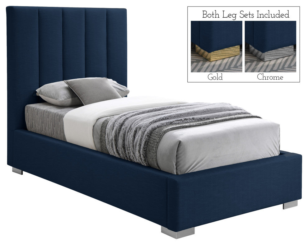 Pierce Linen Textured Fabric Upholstered Bed, Navy, Twin