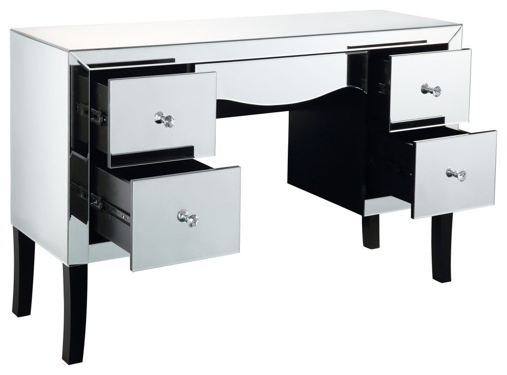 Wooden Framed Mirrored Vanity Desk with Four Drawers and Wavy Apron, Silver
