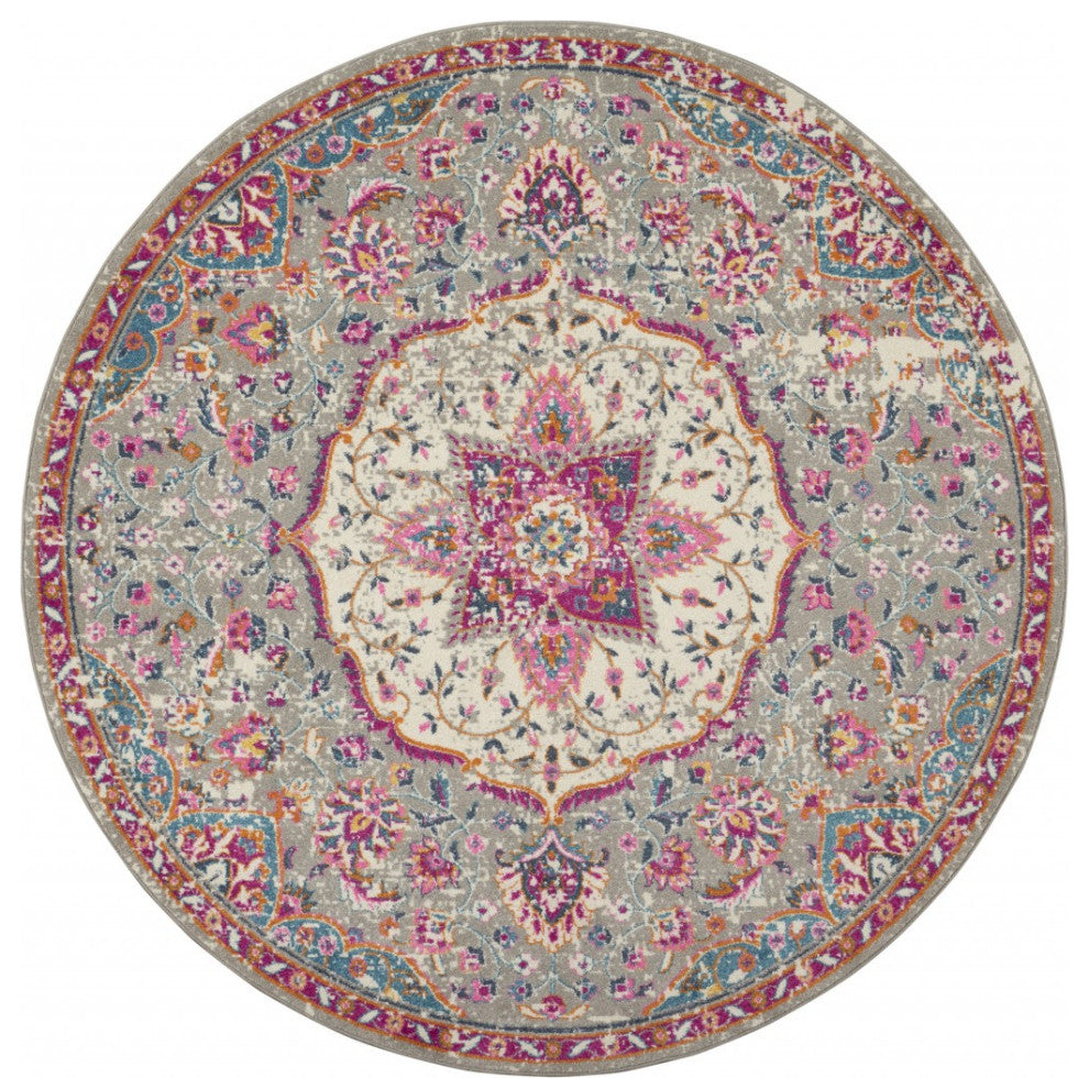 8' Pink And Gray Round Power Loom Area Rug