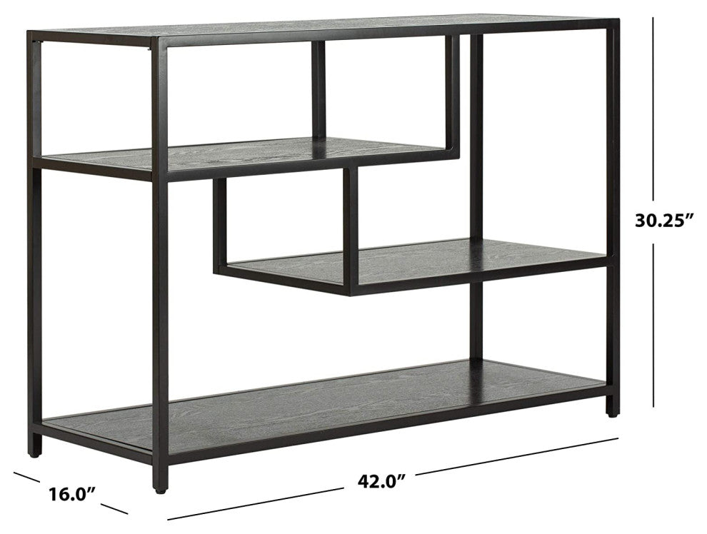 Unique Console Table, Metal Frame With Staggered Wooden Shelves, Black Finish