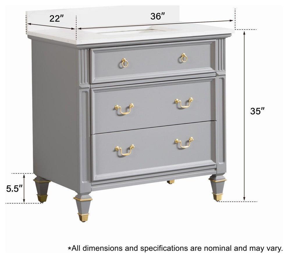 36 In Solid Wood Bathroom Vanity with Quartz Top and cUPC Certified Sink, Titanium Grey