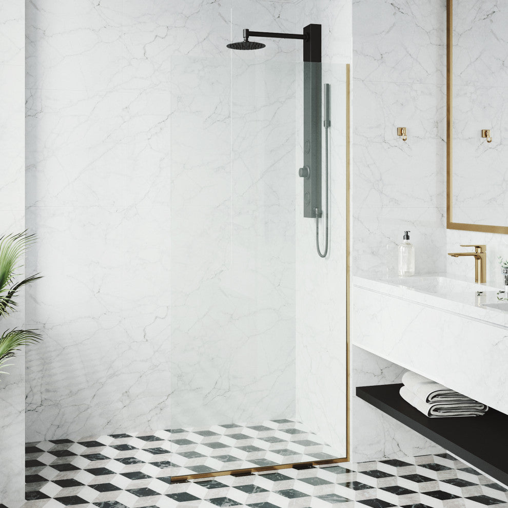 VIGO Zenith Frameless Fixed, Matte Gold, Shower Screen, 34" W X 74" H, Clear Glass