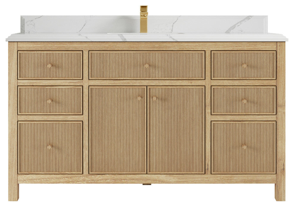 Sonoma 60 Single Bathroom Vanity in Light Natural Teak with 1.5" Calacatta Laza