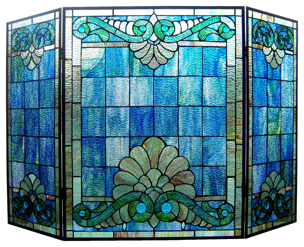 KEANU Tiffany-style 3pcs Folding Victorian Fireplace Screen 44inches Wide