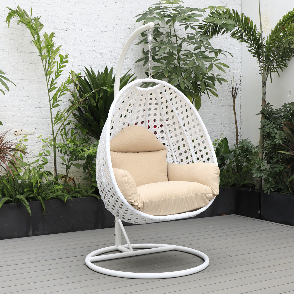 LeisureMod ESCW-40BG Beige Wicker Hanging Egg Swing Chair