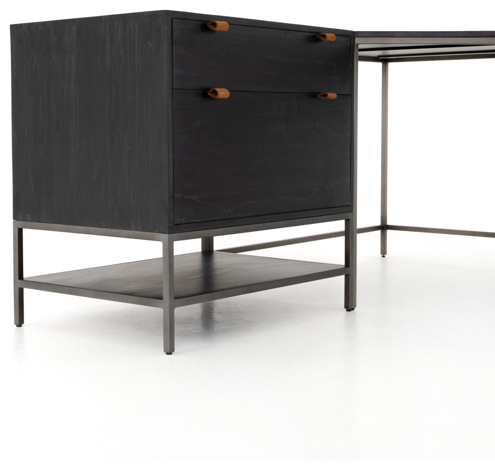 Trey Desk System With Filing Cabinet Black Wash, Natural Iron, Toffee Leather