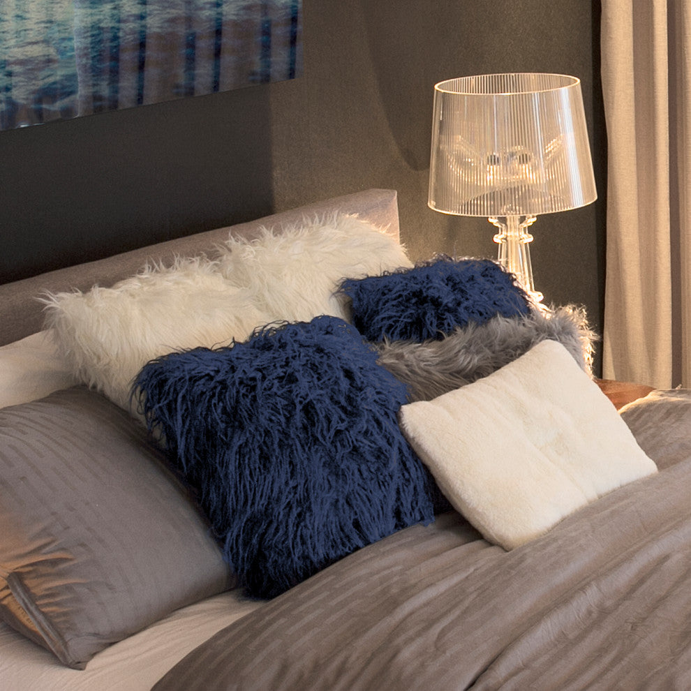 Frisco Mongolian Sheepskin Faux Fur Pillows, Set of 2, Ink, 20"x20"