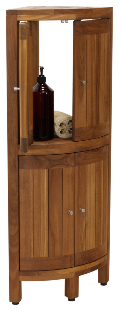 Kai Corner Teak Bath Shelf With Square Legs and Front Facing Doors