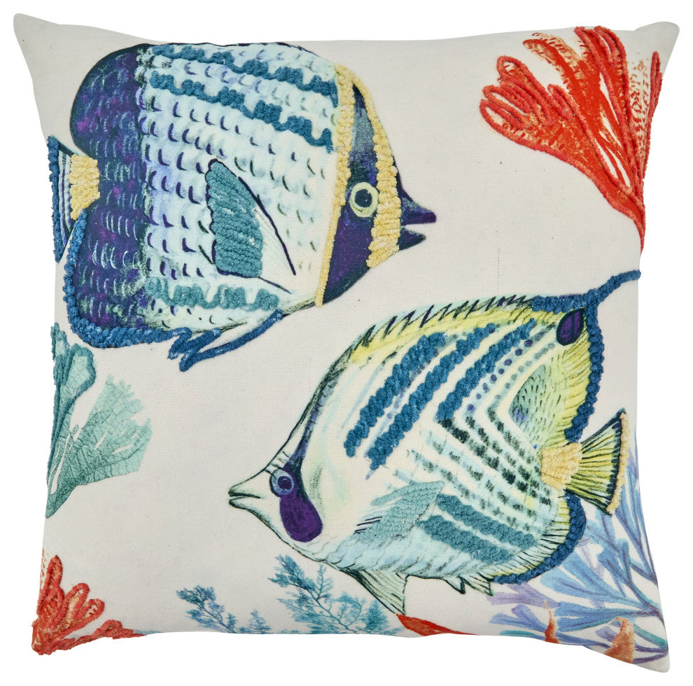Down Filled Throw Pillow With Tropical Fish Design, 20"x20", Multi