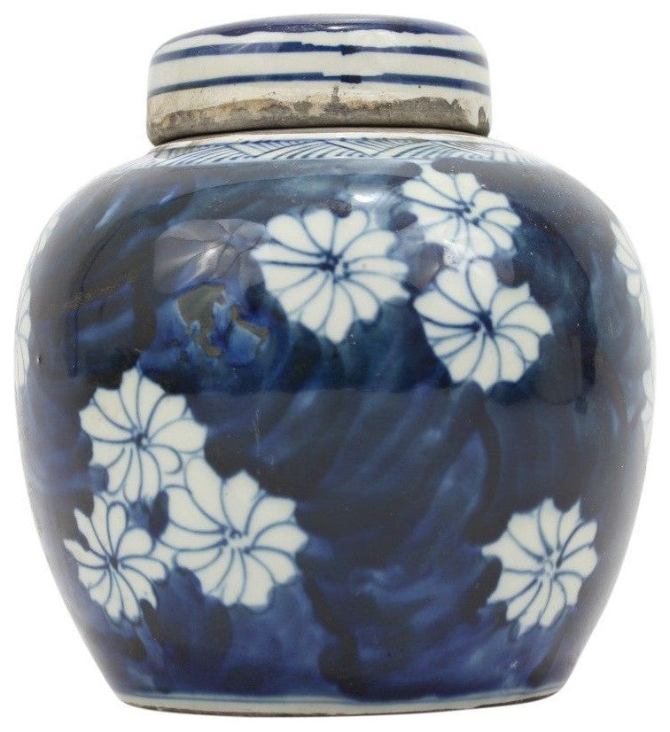 Reverse Blue and White Porcelain Bursting Floral Ginger Jar 6"
