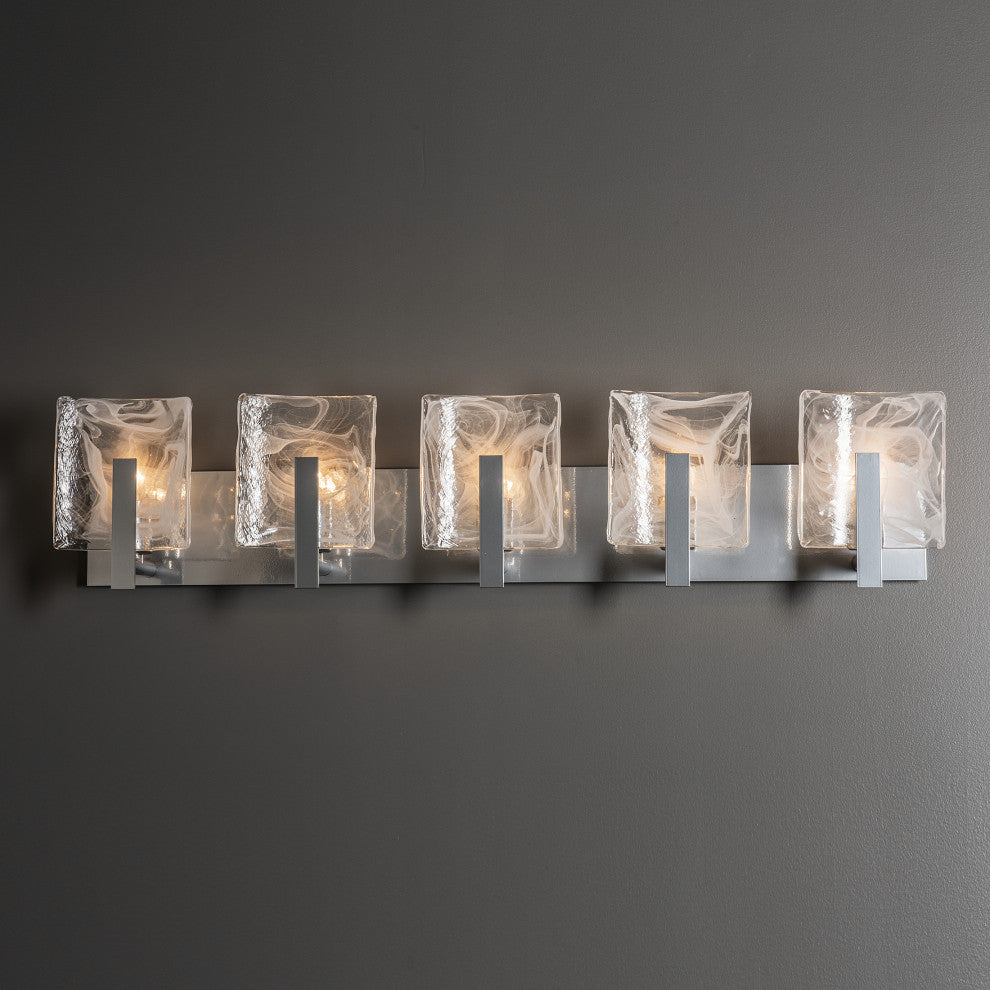 Arc 5-Light Bath Sconce, Sterling Finish, White Swirl Glass