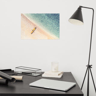 Yellow Canoe & Blue Sea with Soft Violet Effect Landscape Photo Loose Art Print, 12" X 18"