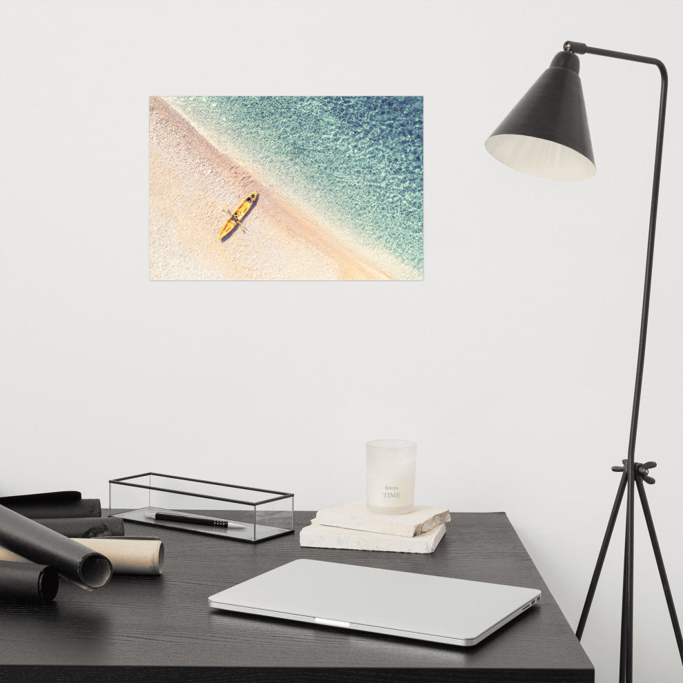 Yellow Canoe & Blue Sea with Soft Violet Effect Landscape Photo Loose Art Print, 12" X 18"