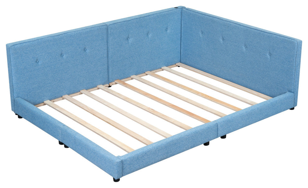Gewnee Upholstered Full Size platform bed with USB Ports, Blue