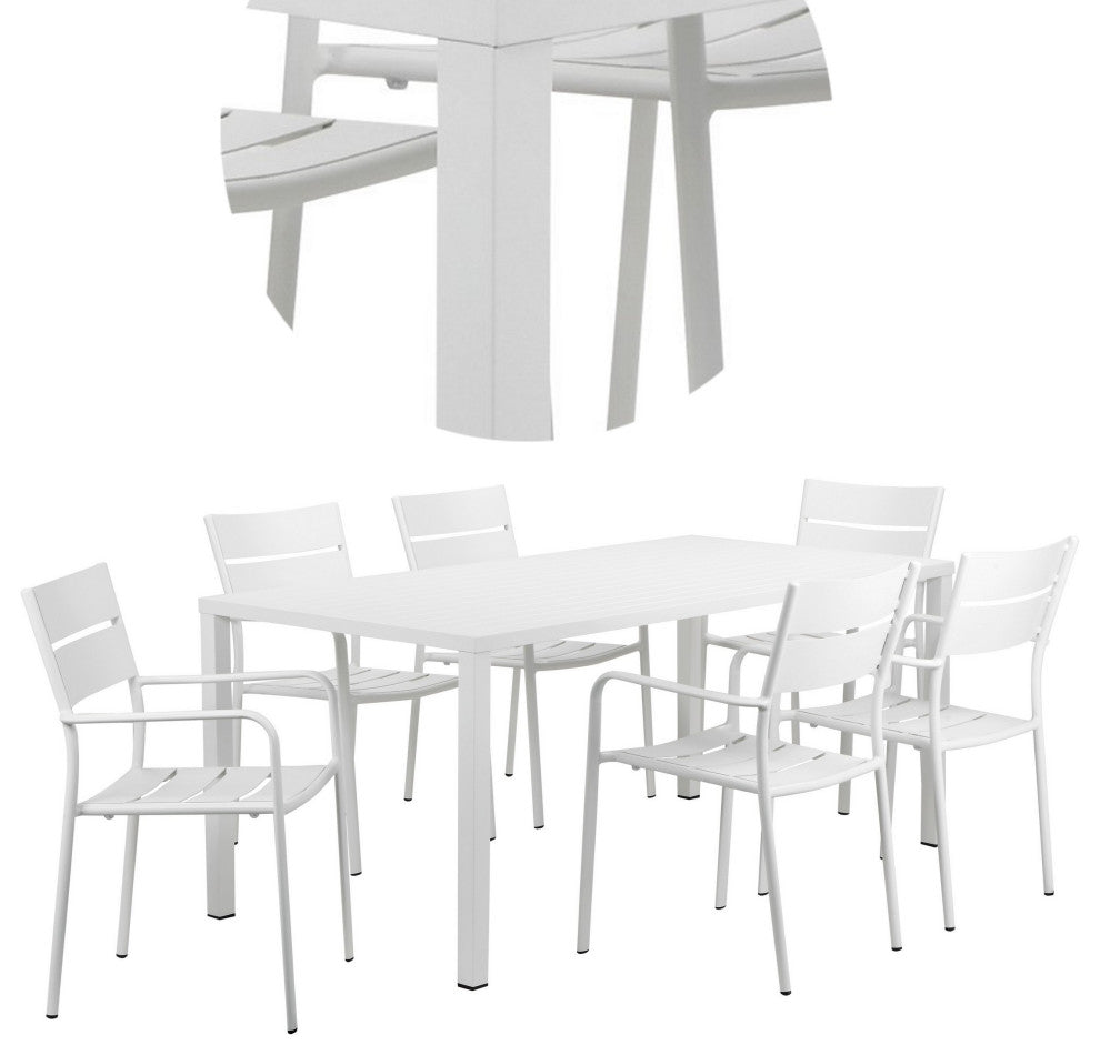 Benzara BM287800 Outdoor Dining Table, Chairs Set, White, Plank Seat and Backs