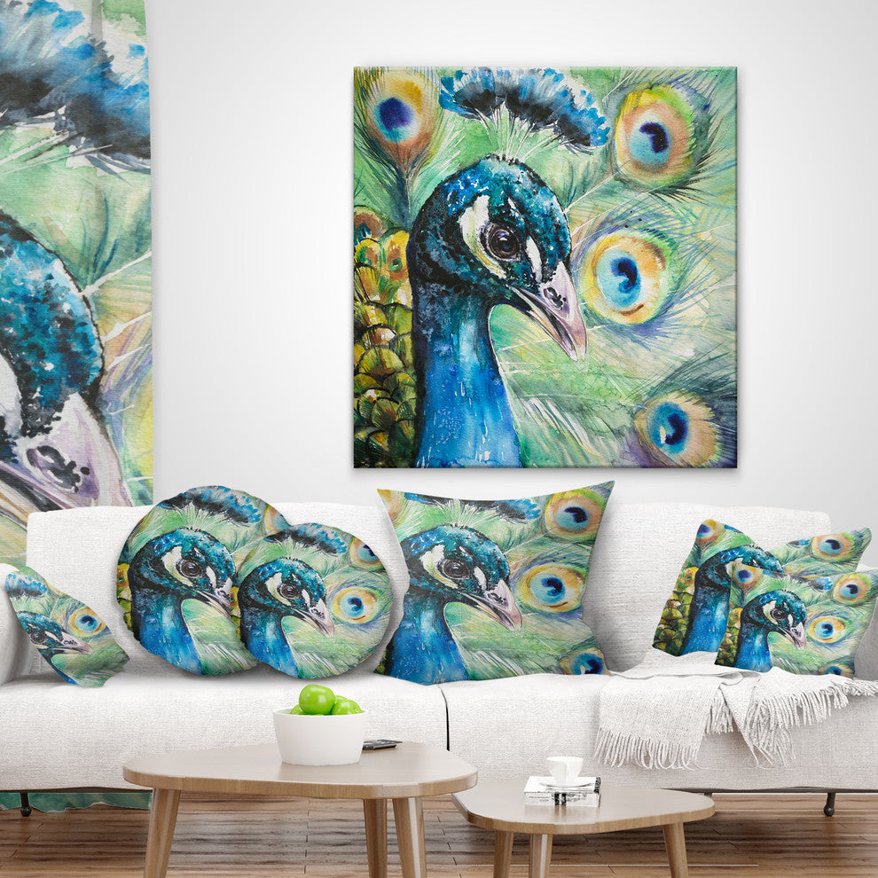 Larger Peacock Watercolor Abstract Throw Pillow, 18"x18"