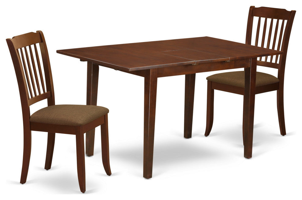 3Pc Dinette Set, Table, Two Vertical Slatted Linen Seat Dining Chairs, Mahogany