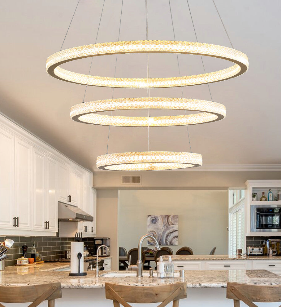 3 Ring LED Chandelier Modern Crystal Tiered Pendant Lights, Gold