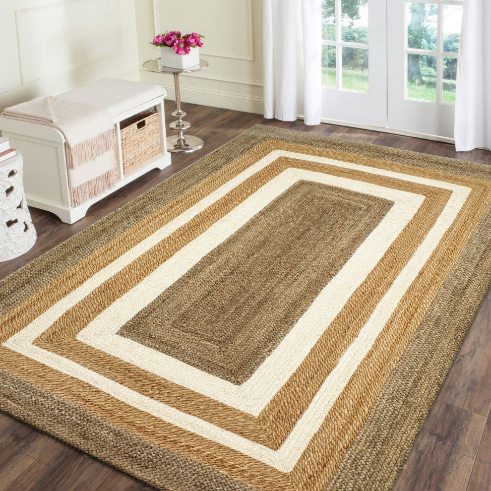 8" x 10" Tan and White Multi Bordered Area Rug