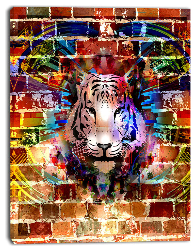 Tiger over Abstract Brick Design, Abstract Wall Art Canvas, 28"x60"