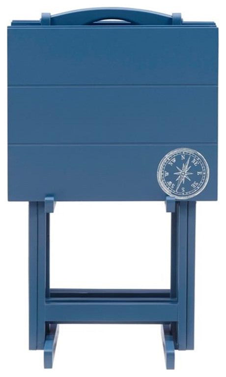 Linon Lorie 5 Piece Tray Table Set Planked Top Compass Design in Navy Blue Wood