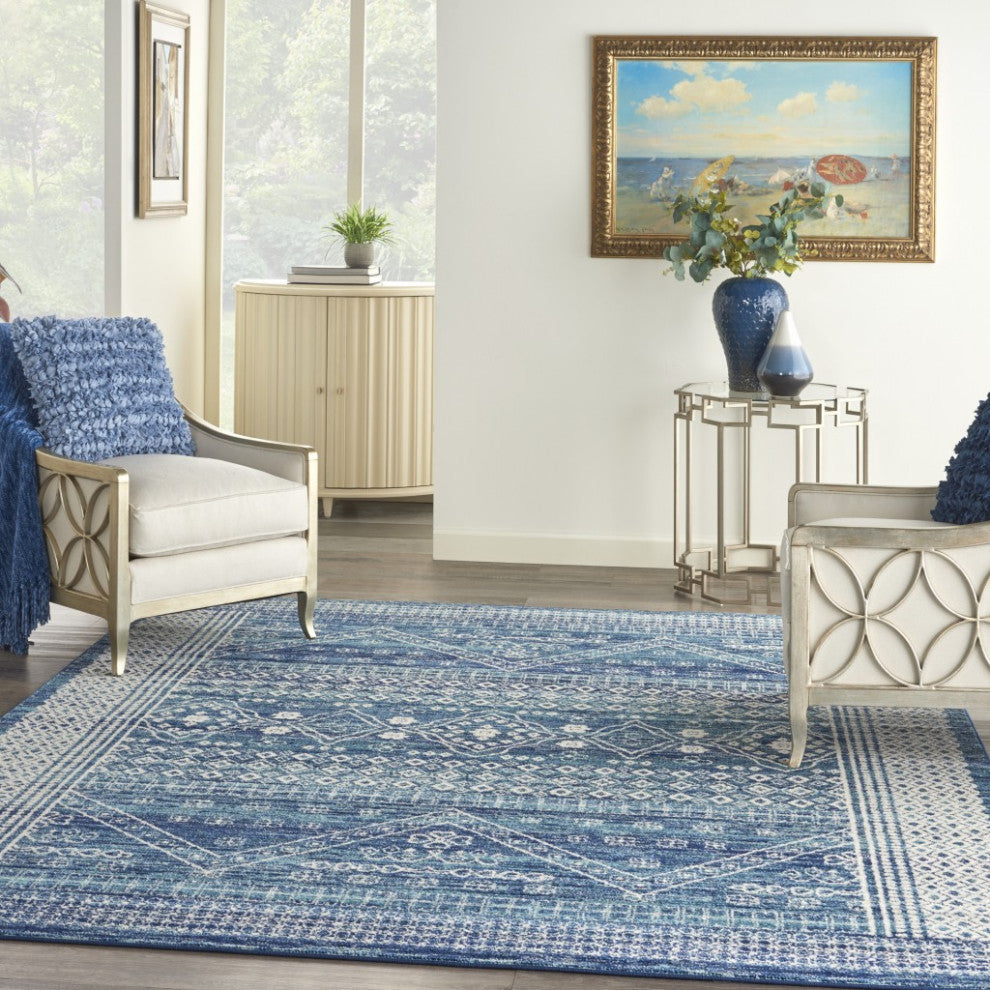 8" x 10" Navy Blue and Ivory Persian Motifs Area Rug