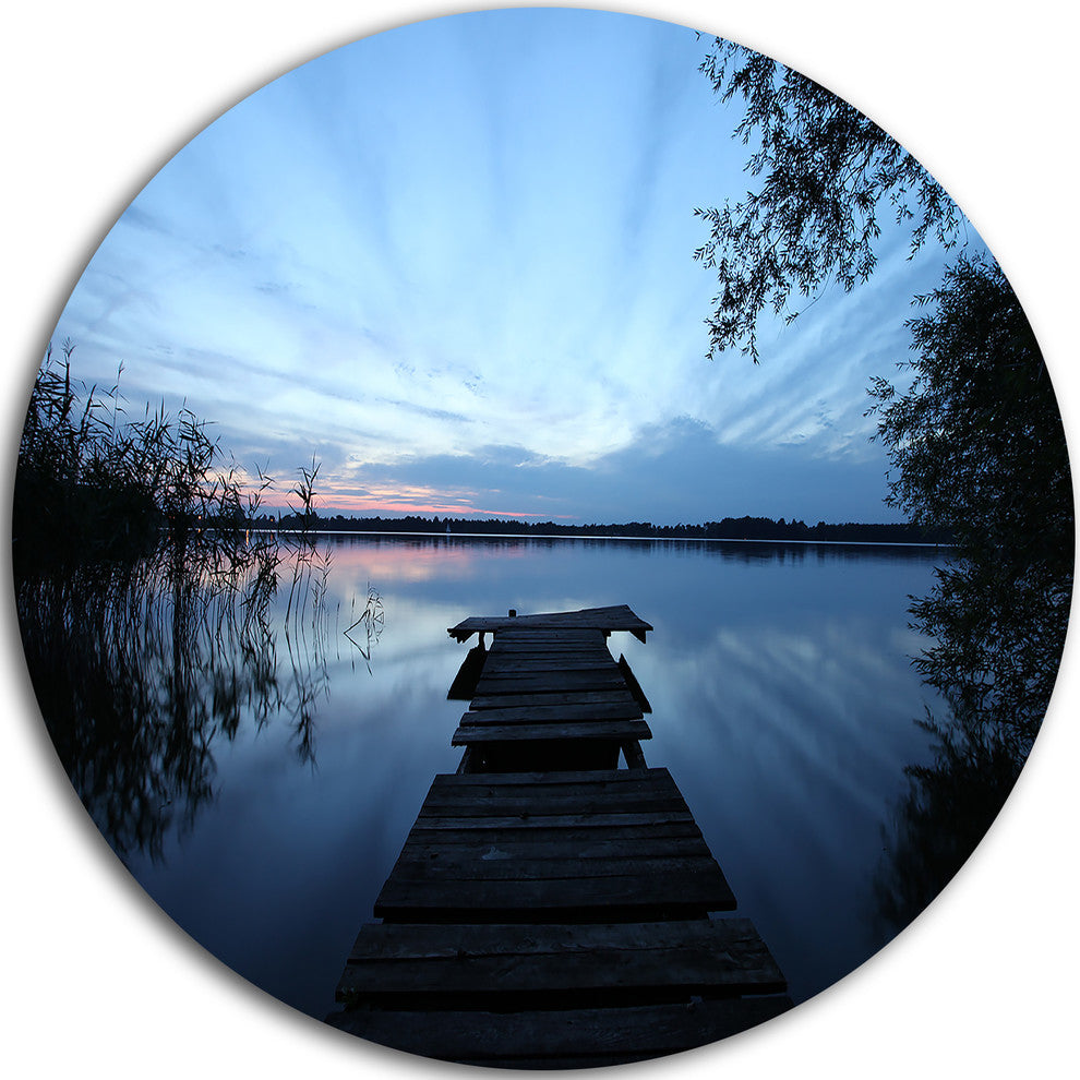 Dark Wooden Pier In Lake, Seascape Photo Large Disc Metal Wall Art, 11"