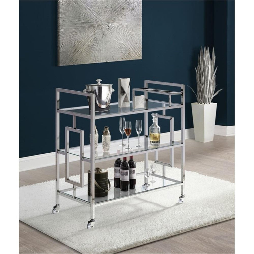 Bowery Hill Contemporary Clear Tempered Glass Serving Bar Cart