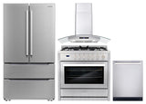 4 Piece, 36" Gas Range 36" Range Hood 24" Dishwasher & Refrigerator
