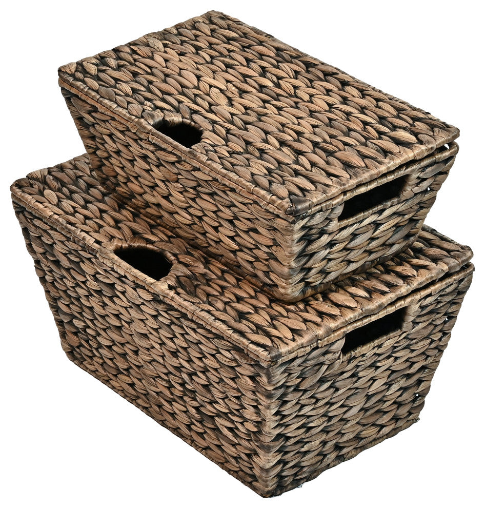 Wilder Woven Hyacinth Rectangular Storage Baskets With Lids, Handles, Set of 2