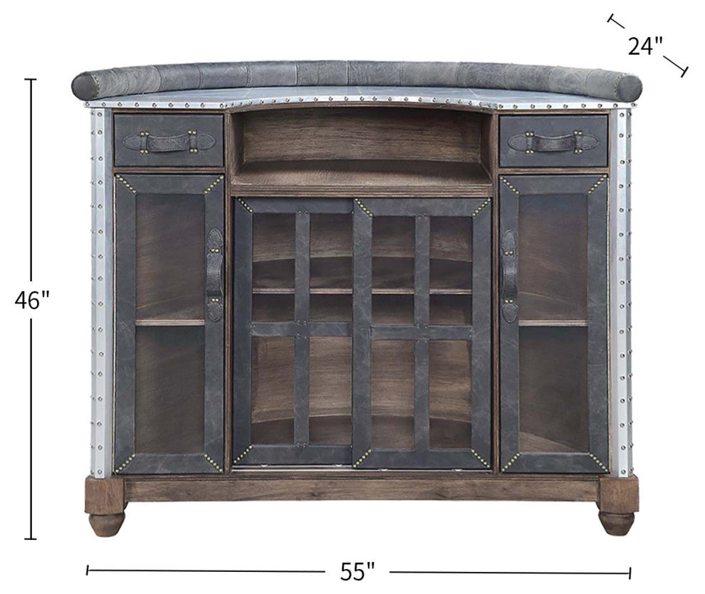 Top Grain Leather Bar Table With 2 Doors and 2 Drawers