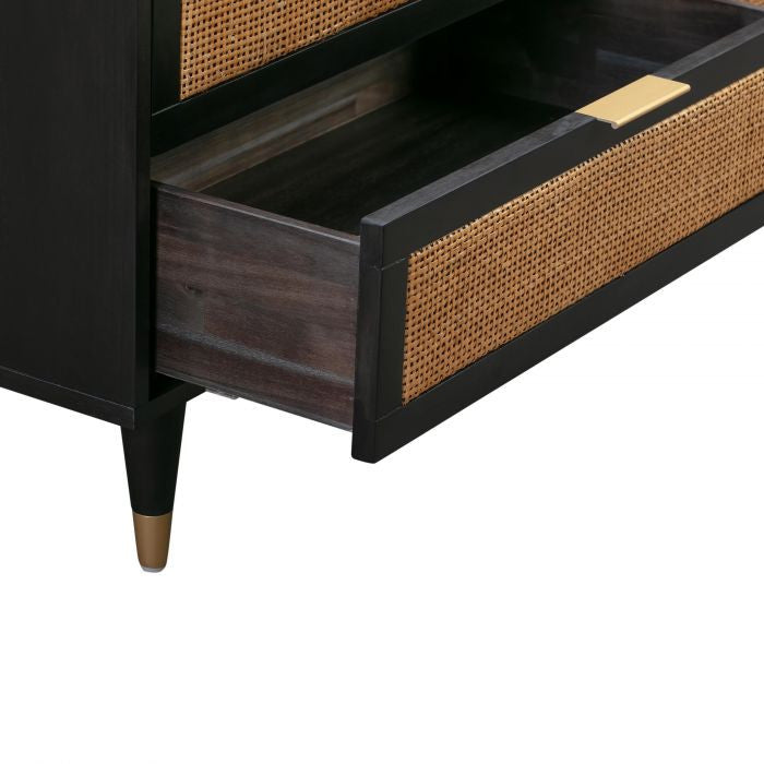 Sierra 6 Drawer Dresser, Beach Rattan Cabinet, Jungle Wicker Chest, Noir