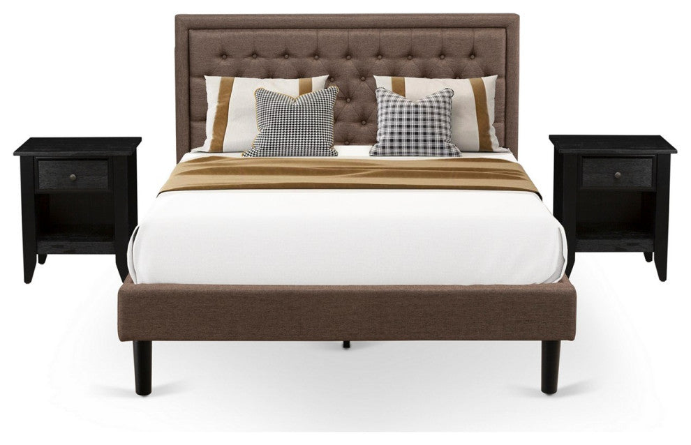 3Pc Queen Bed Set, 1 Queen Bed Frame Brown, 2 Night Stands, Black Legs