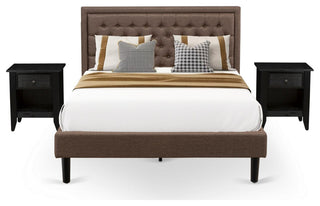 3Pc Queen Bed Set, 1 Queen Bed Frame Brown, 2 Night Stands, Black Legs