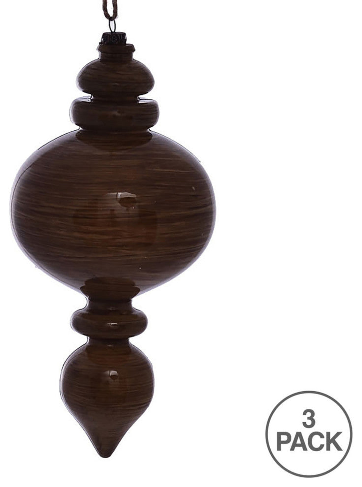 Vickerman MC198591 9" Brown Wood Grain Rounded Finial Ornament, Pack of 3