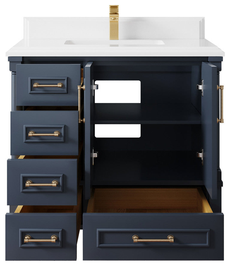 Aberdeen 36 Center Sink Bath Vanity in Hale Navy Blue  1.5" White Quartz