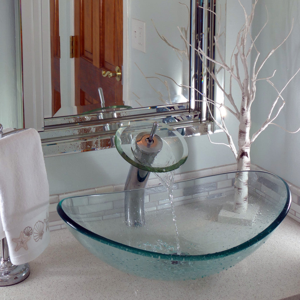 Chiaro Clear Oval Tempered Slipper Glass Vessel Bath Sink and Drain, Chrome