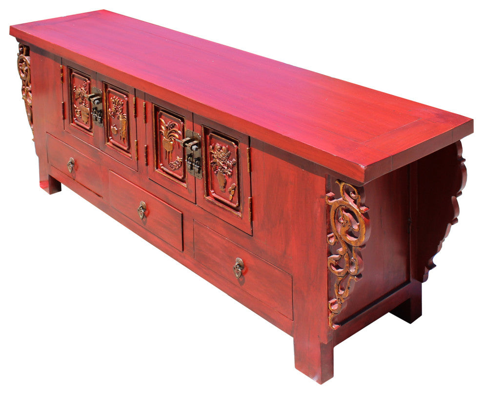 Chinese Distressed Red Dragon Motif TV Console Table Cabinet Hcs5728