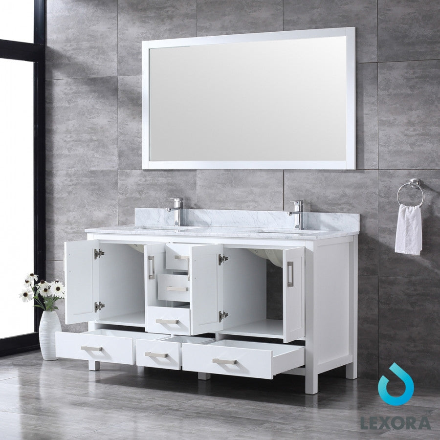 Jacques 60" Double Vanity Cabinet Carrara Marble Top Sinks, 58" Wall Mirror