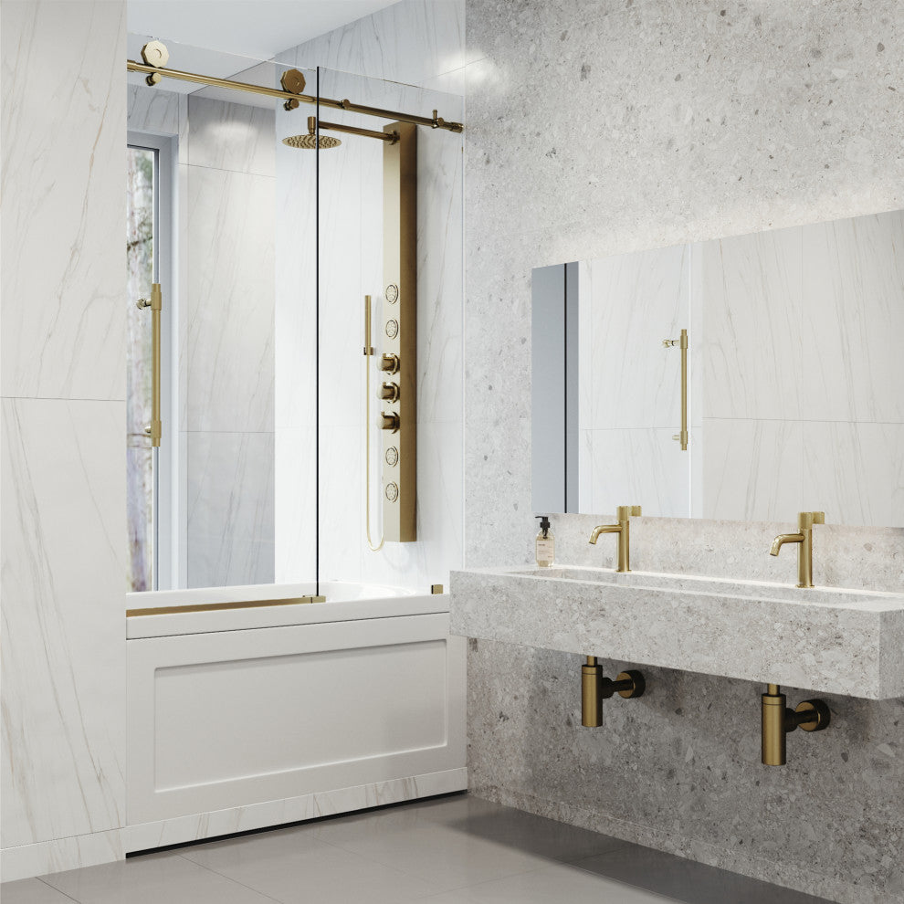 VIGO Elan Hart 56" to 60" W x 66" H Frameless Sliding Tub Door, Stainless Steel, Clear Glass