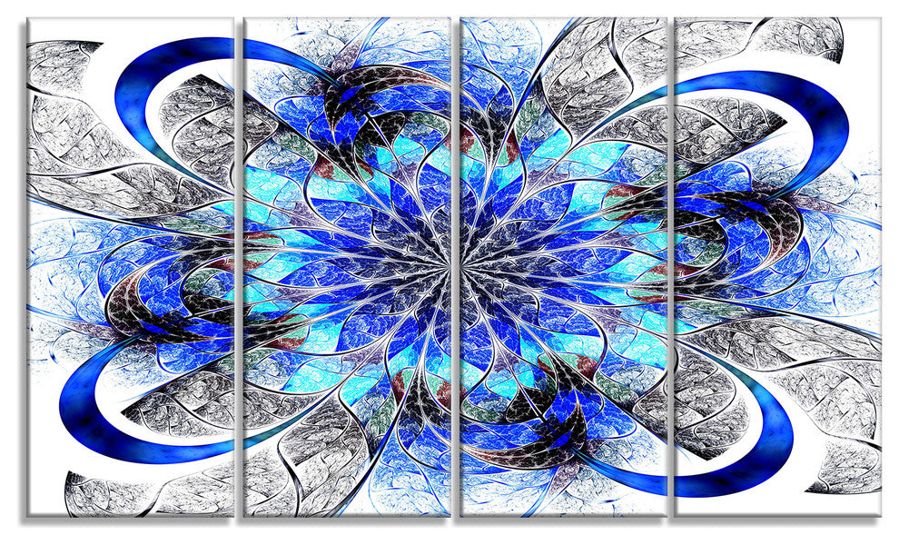Symmetrical Blue Fractal Flower, Abstract Wall Art Canvas, 48"x28", 4 Panels