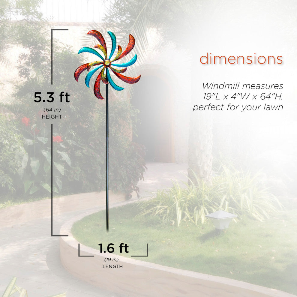 63" Tall Outdoor Curved Blade Windmill Stake Kinetic Spinner