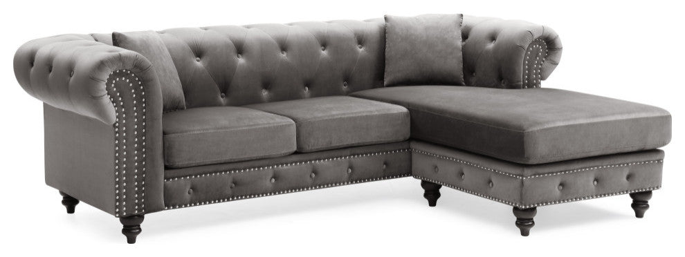 Nola 98 in. Velvet L-Shape 3-Seater Sofa With 2-Throw Pillow, Dark Gray