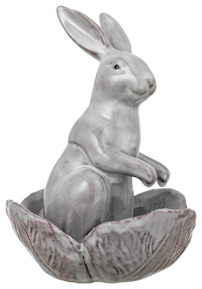 Stoneware Rabbit Figurine with Flower Shaped Bowl, White