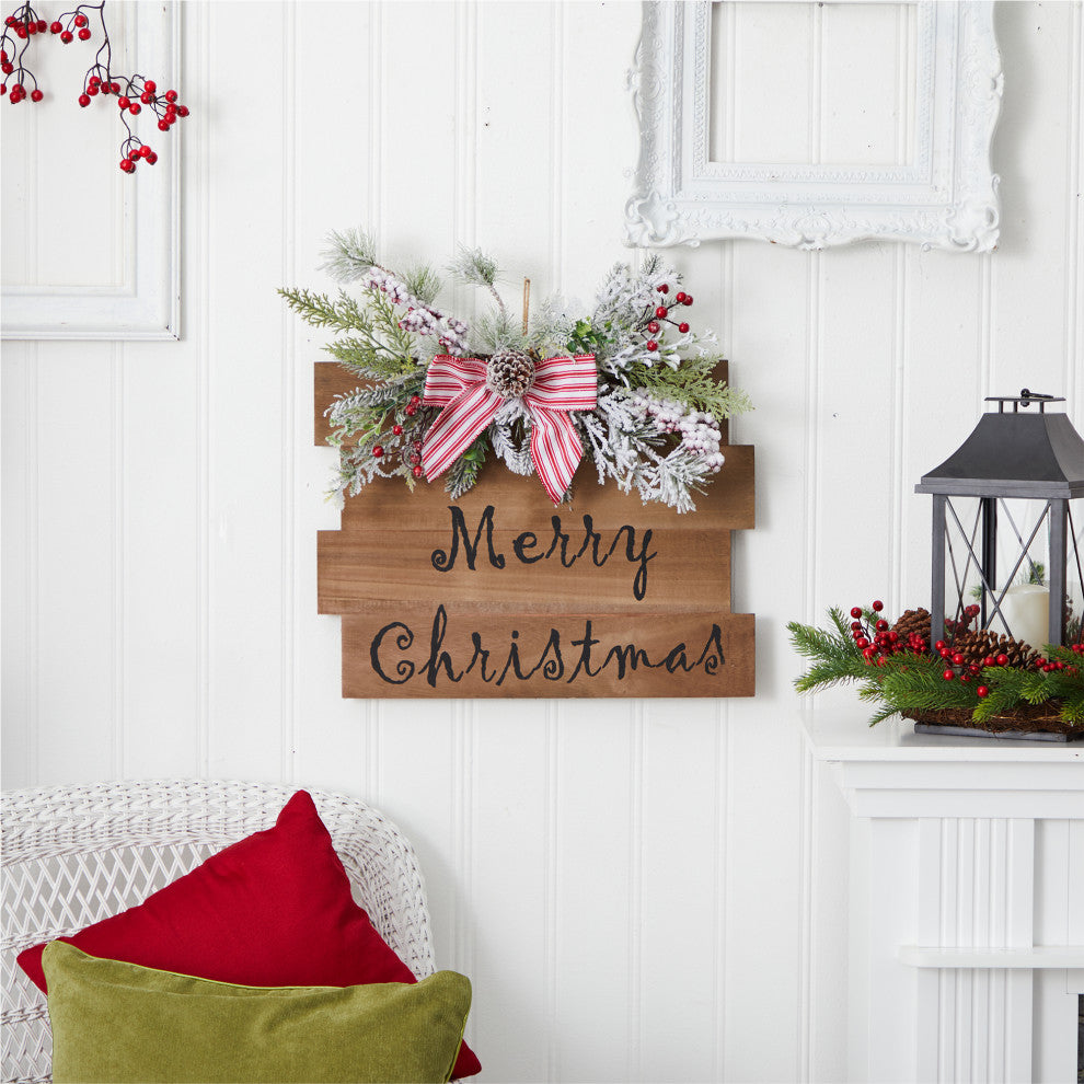 20" Holiday Merry Christmas Door Wall Hanger With Pine and Berries Stripped Bow