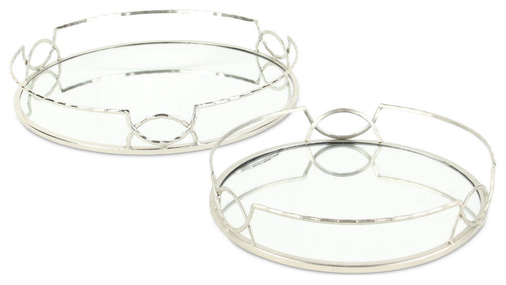 Mianzi Round Bamboo-Inspired Rim Silver Metal Trays (Set of 2)